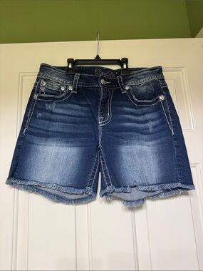 Miss Me Frayed Hem Denim Shorts with Embroidered and Jeweled Back Pocket